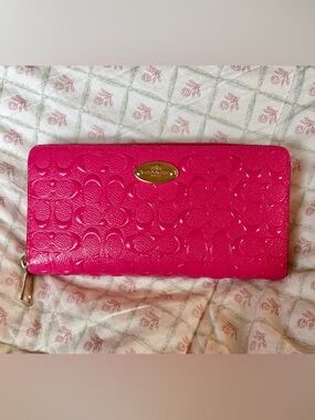 Coach Signature Debossed Patent Leather Accordion Zip Around Wallet In Pink